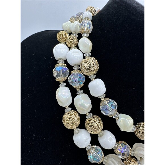 Vendome Coro Necklace Vintage Three 3 Strands Gold Cage Milk Glass Beads - Picture 4 of 12